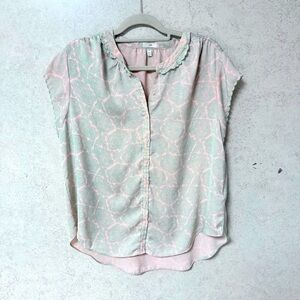 JOIE LARGE WOMENS PINK GREEN‎ BUTTON  SCALLOPED PEASANT SOFT DAINTY BLOUSE
